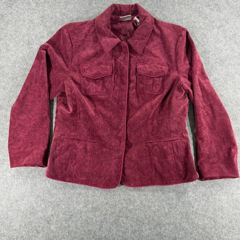 Chicos Damask Corduroy Blazer Jacket Burgundy Floral Size 2 Medium Lined Stretch